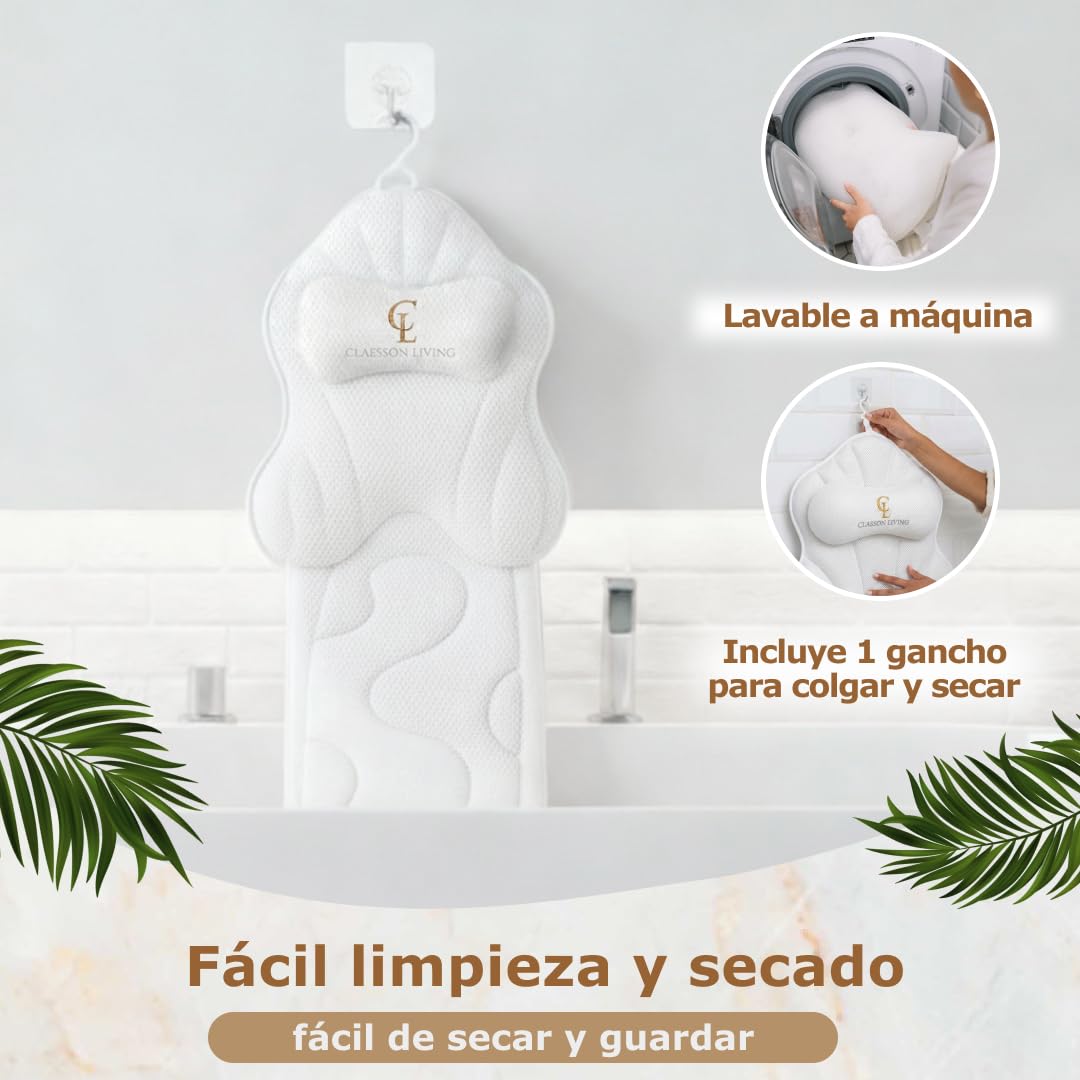 Cojin bañera (126x41cm) - Almohada bañera con apoyacabezas (13cm) y Soportes para el Cuello, Espalda y piernas – Incluye: Bath Pillow, Bolsas de Lavado y de Viaje, Gancho para Secado rápido Blanco