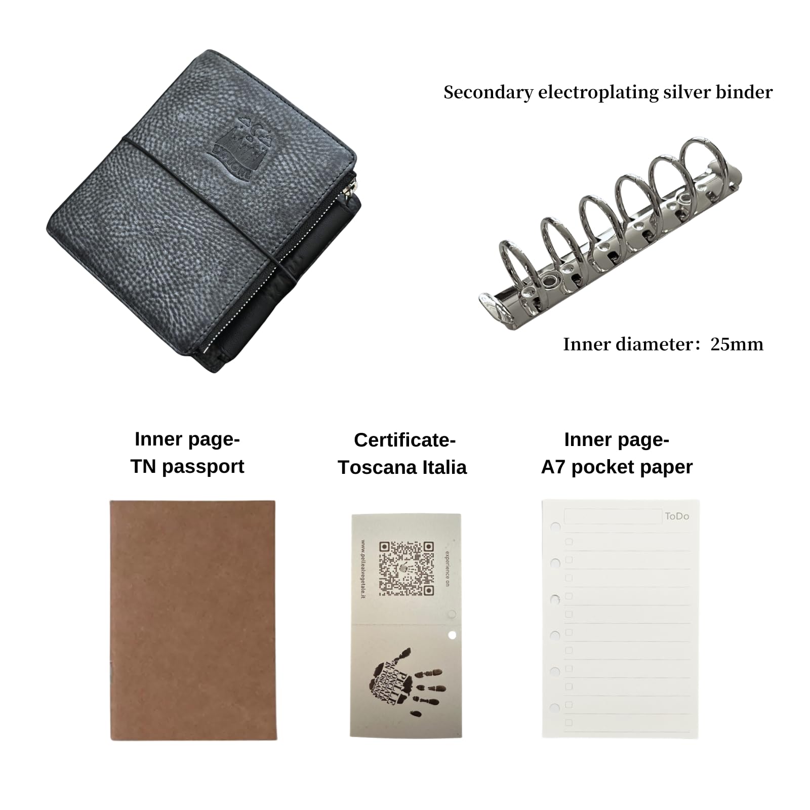 Agenda tascabile A7 in vera pelle italiana dell'Alaska, ricaricabile, agenda ad anelli Stalogy, stile 3 volte con raccoglitore ad anelli da 25 mm, compatibile con passaporto TN (cera nera)