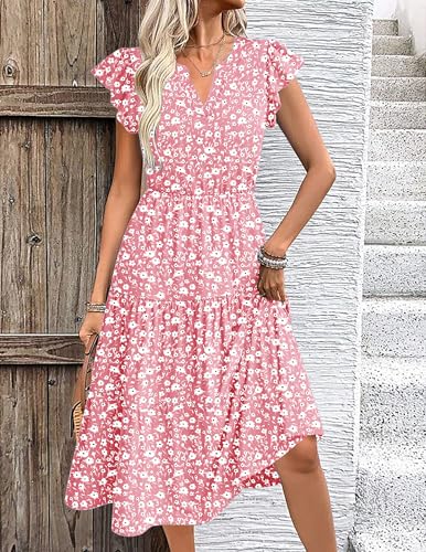 Image of ZEAGOO Womens Summer Casual Dresses Ruffle Sleeve V Neck Midi Dress Flowy Tiered Dress with Pockets Boho Sundresses