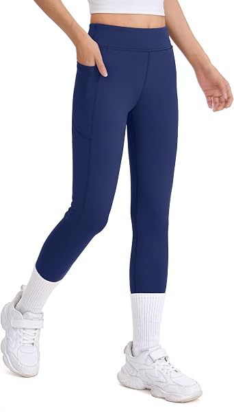 JOCMIC Girls Fleece Lined Leggings Athletic Winter Pants for Kids Warm High Waist Yoga Pant with Pockets