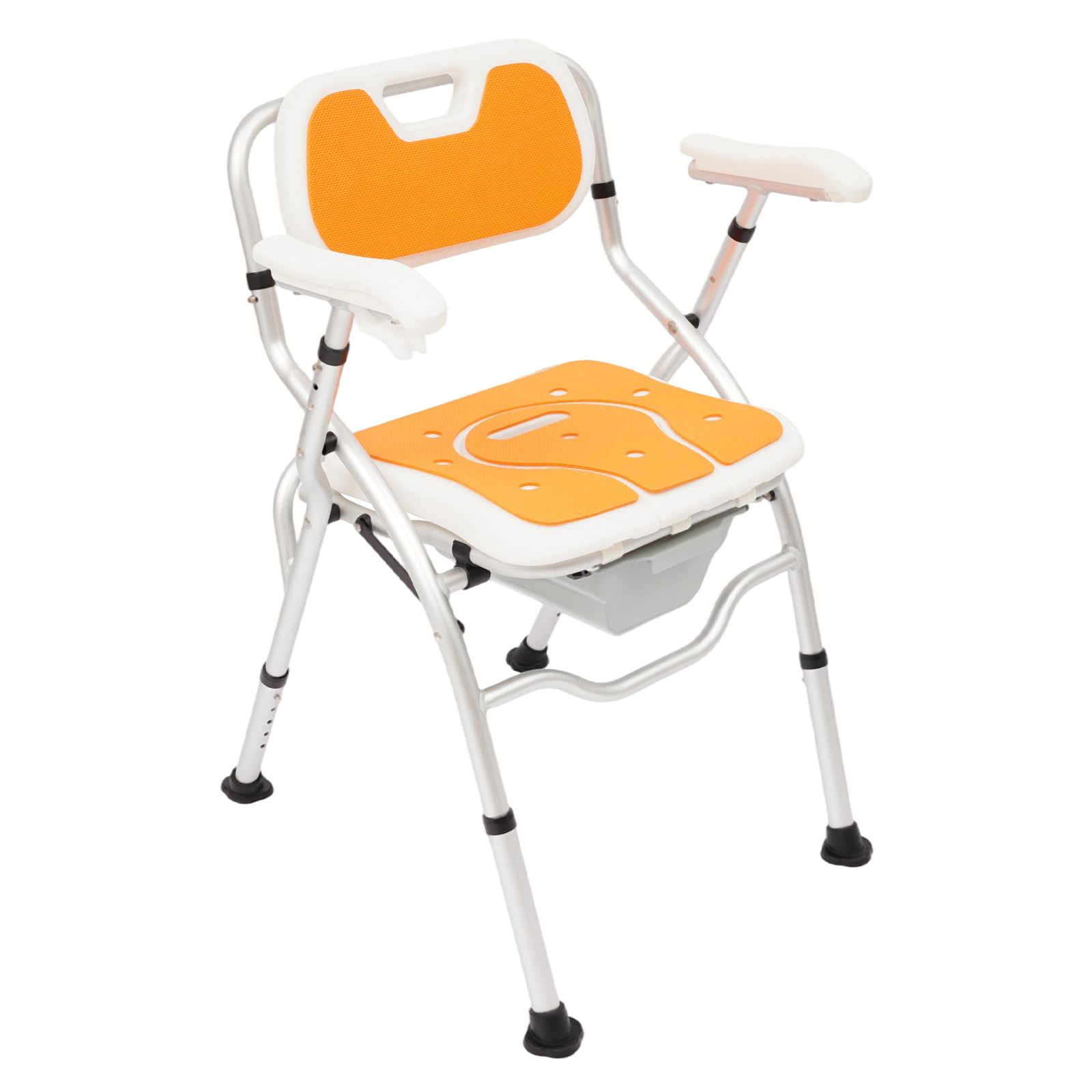 Sedie da doccia con braccioli e schienale, sedia pieghevole per WC e doccia con contenitore per urina, colore arancione, sgabello da bagno da 150 kg, altezza regolabile da 42 a 47 cm, cassettiera per
