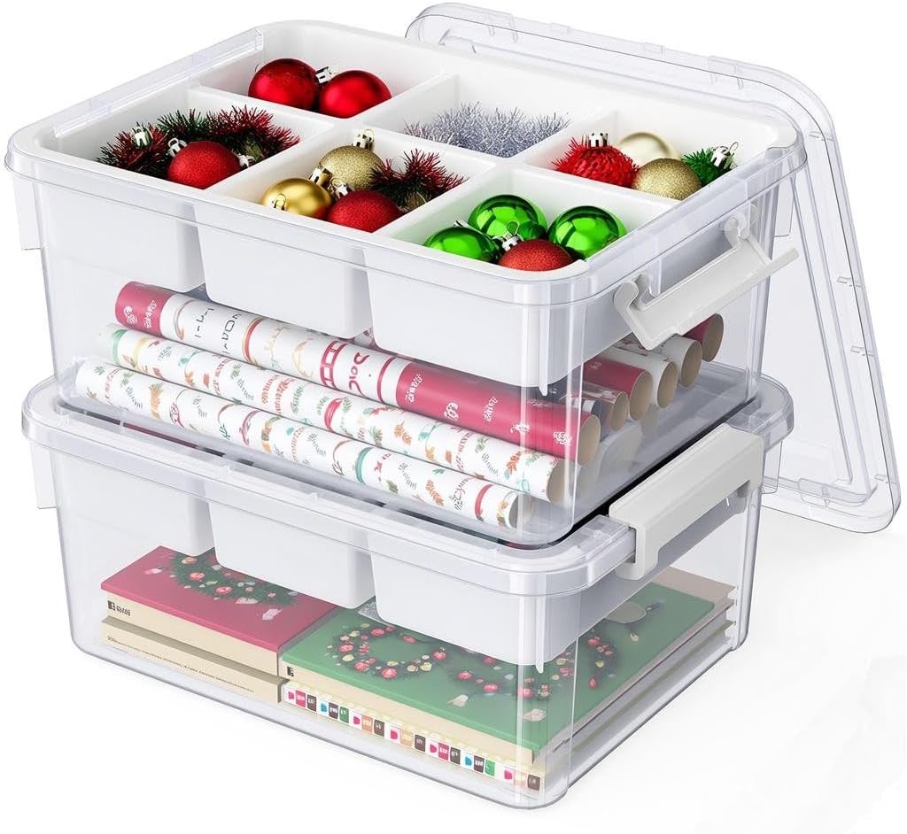 20Qt Plastic Storage Bin with Lid, Clear Latching Organizer Box with Removable Tray, Portable Storage Container, for Holiday Ornaments, Home Organization, 1Pack