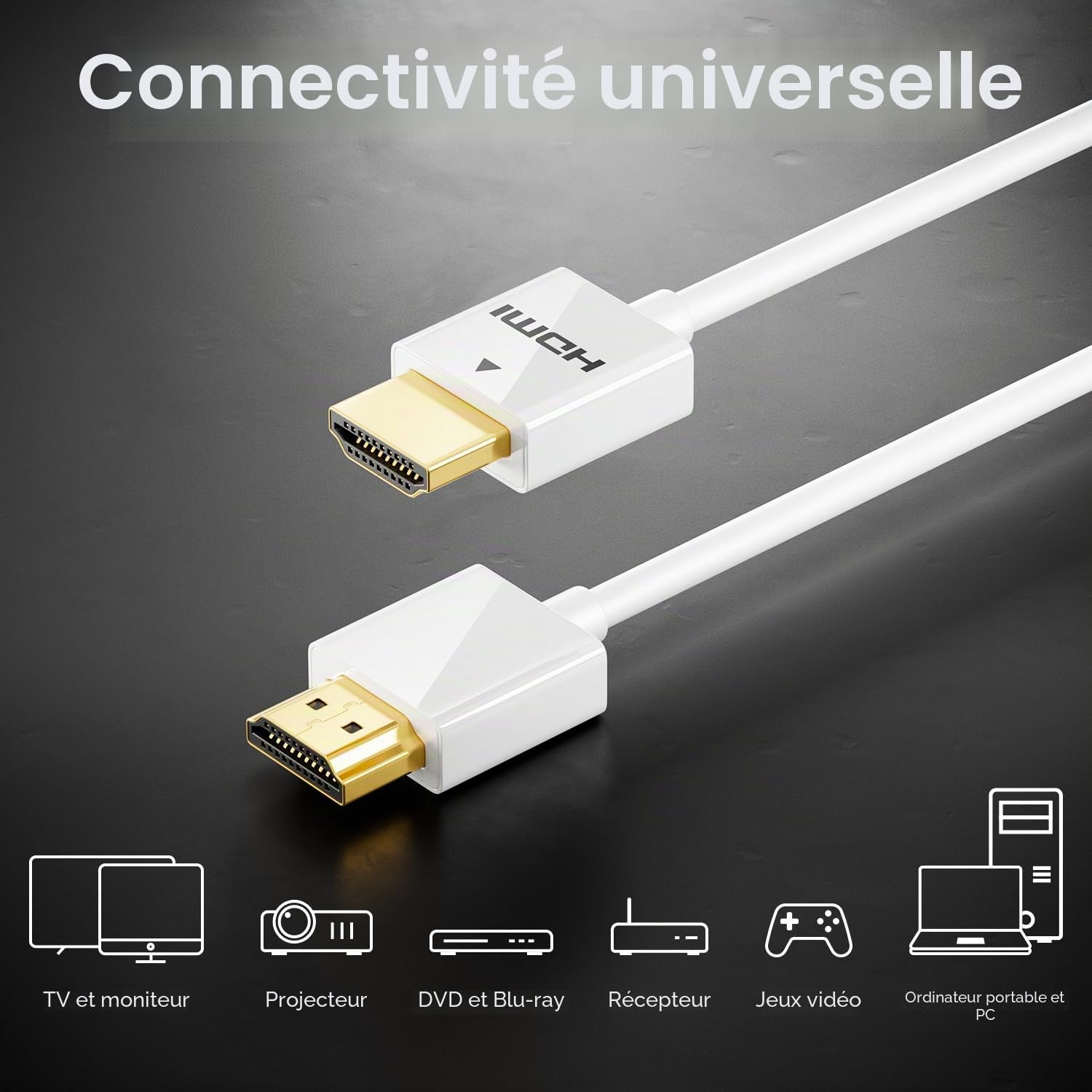deleyCON 2m 4K HDMI 2.0 Câble Slim (Petit et Flexible Câble HDMI) - 1080P 2160P UHD ARC HDR 3D pour TV, Moniteur, Projecteur, Laptop, Notebook, PC, Ordinateur, PS4, PS5, XBOX - Blanc