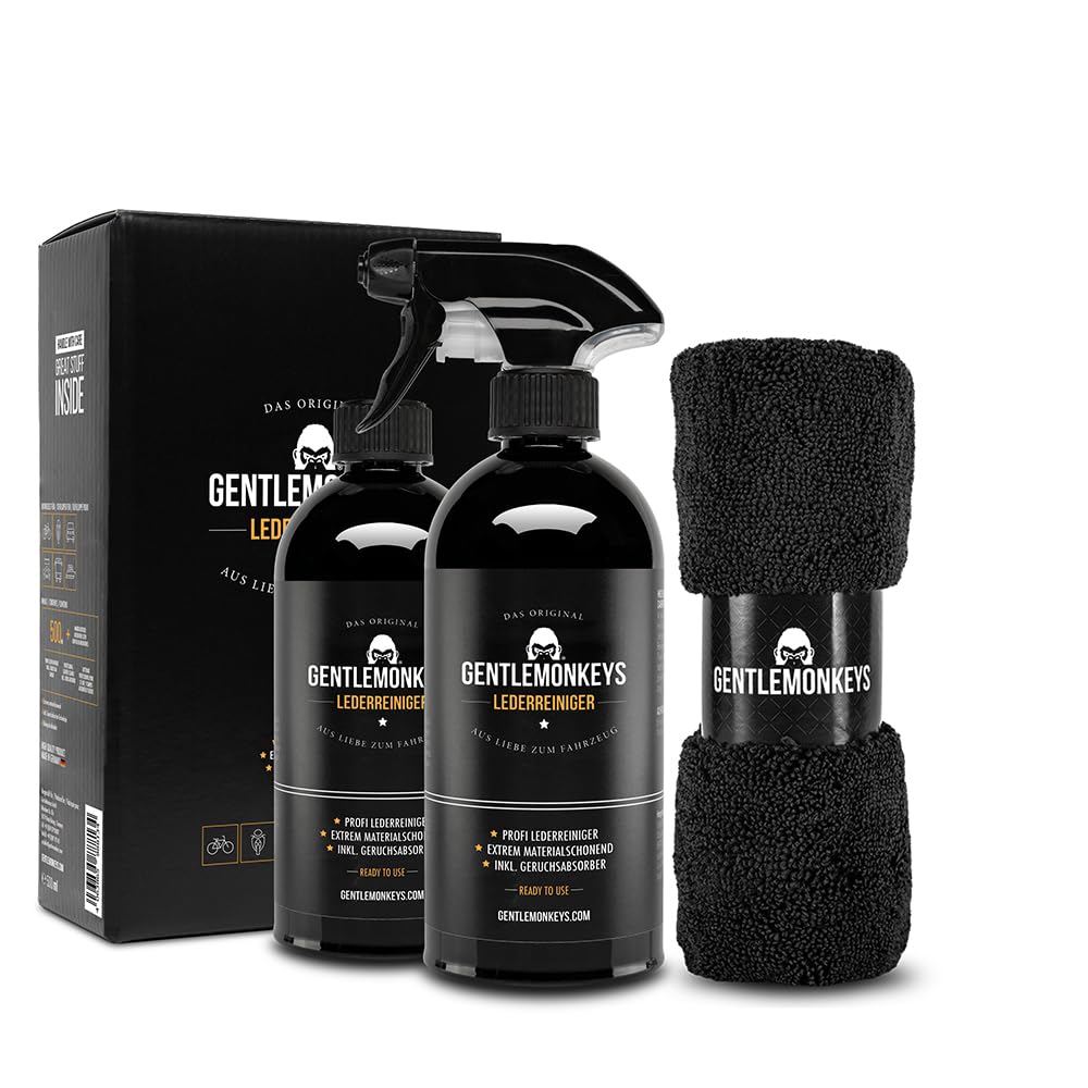 GENTLEMONKEYS Lederreiniger Set (500ml Leder Reiniger + Microfasertuch + 500ml Nachfüllflasche) • Lederpflege Set für Glattlederoberflächen • Extrem materialverträglich und biologisch abbaubar