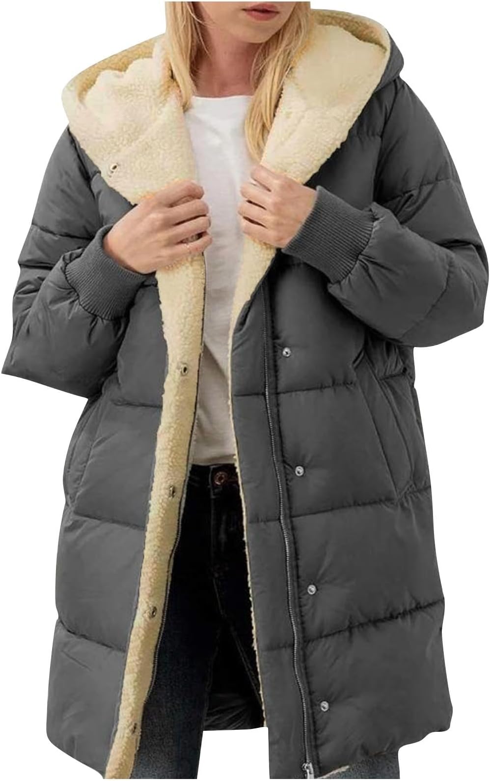 RLEHJNFleece Jacket Women Long UK Sale Clearance, Ladies Winter Coat Long Sherpa Fleece Lined Hoodie Fluffy Warm Quilts Jacket Full Zip Thicken Padded Jacket Casual Plain Overcoat with Pocket