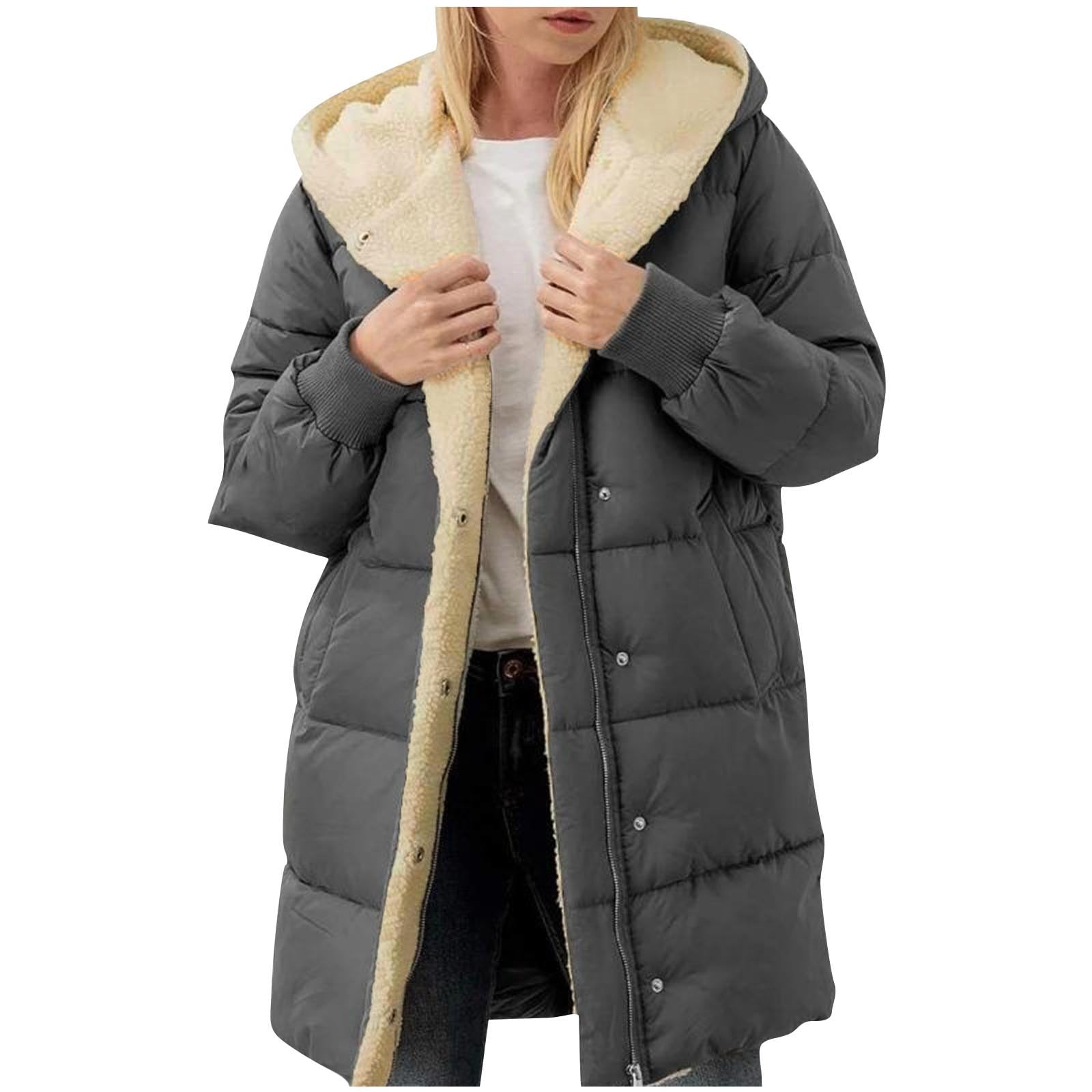 RLEHJNFleece Jacket Women Long UK Sale Clearance, Ladies Winter Coat Long Sherpa Fleece Lined Hoodie Fluffy Warm Quilts Jacket Full Zip Thicken Padded Jacket Casual Plain Overcoat with Pocket