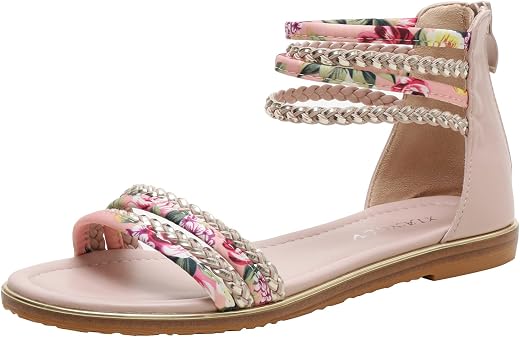 LOCIIXAT Womens Summer Rhinestone Embellished Flat Braided Shoes Studding Gladiator Sandals with Zipper Closure