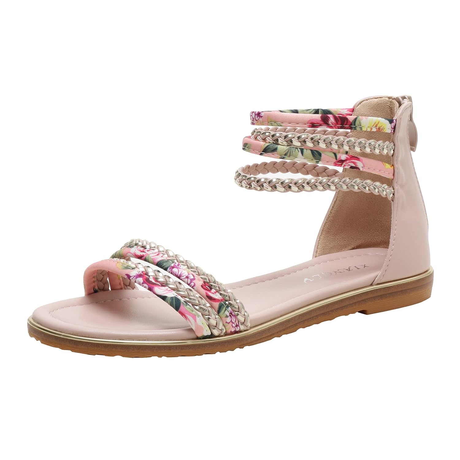LOCIIXAT Womens Summer Rhinestone Embellished Flat Braided Shoes Studding Gladiator Sandals with Zipper Closure