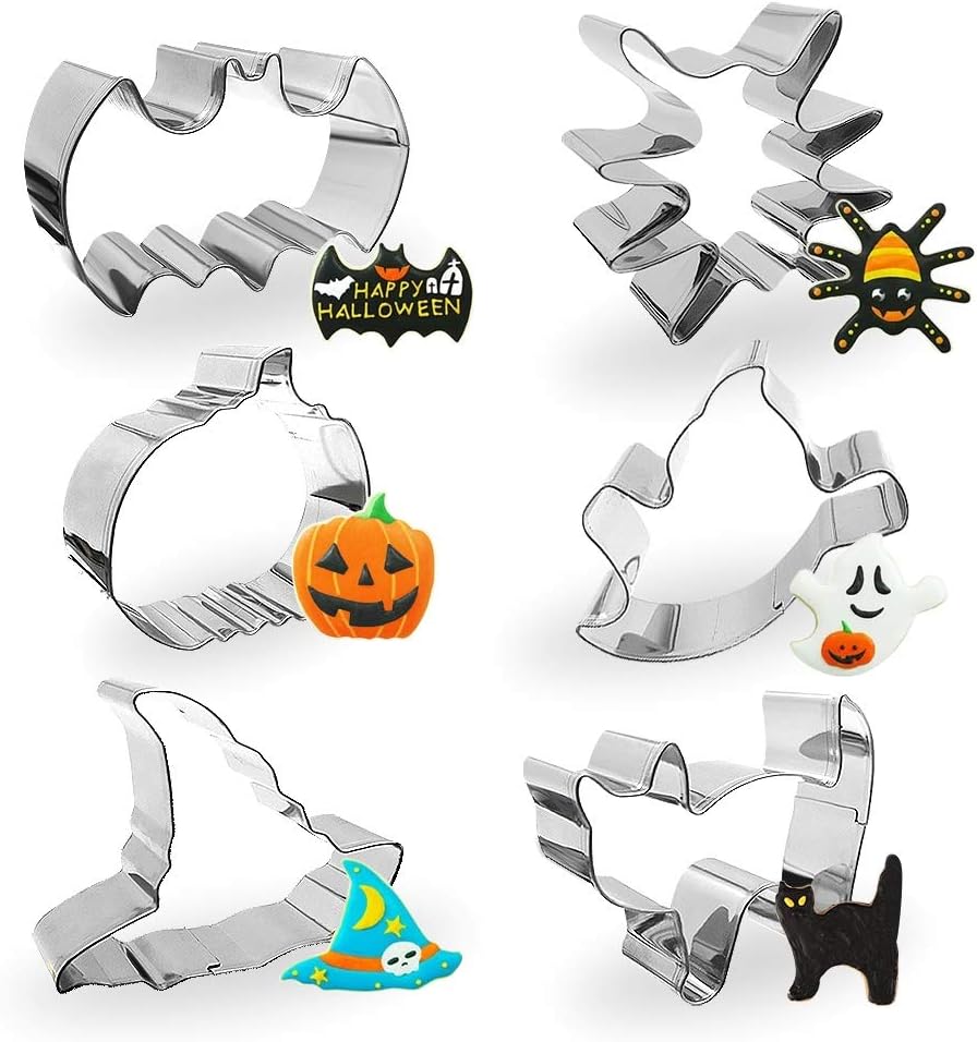 Yosager Halloween Cookie Cutter Stainless Steel Mold Baking Tools 6 Piece Set Including Stainless Steel Bat, Spider, Pumpkin, Ghost, Cat and Witch Hat