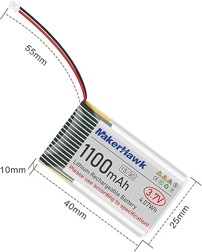 Miniatura 7 de MakerHawk Batería LiPo de 3.7 V 1100 mAh 102540 recargable 1S batería de polímero de litio con placa de protección, cinta de goma aislada, enchufe