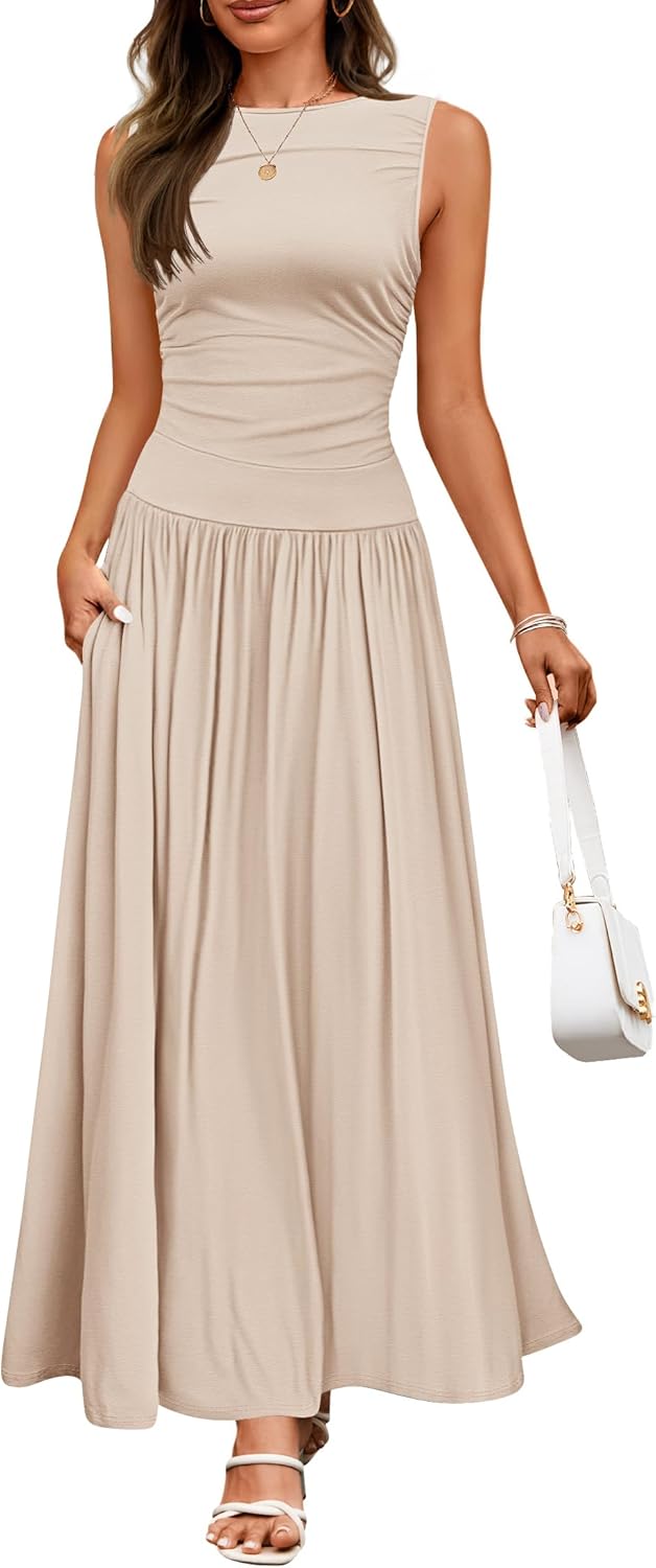 ZESICA Women's Summer Sleeveless Maxi Dress 2025 Casual Crewneck Pleated Flowy Long Dress with Pockets