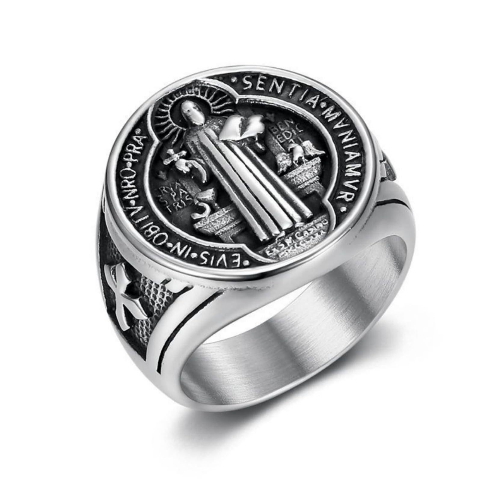 VHJdtE Rings, Saint Benedict Exorcism Blessing Prayer Ring - Stainless Steel Gothic Religious Signet for Men(S)