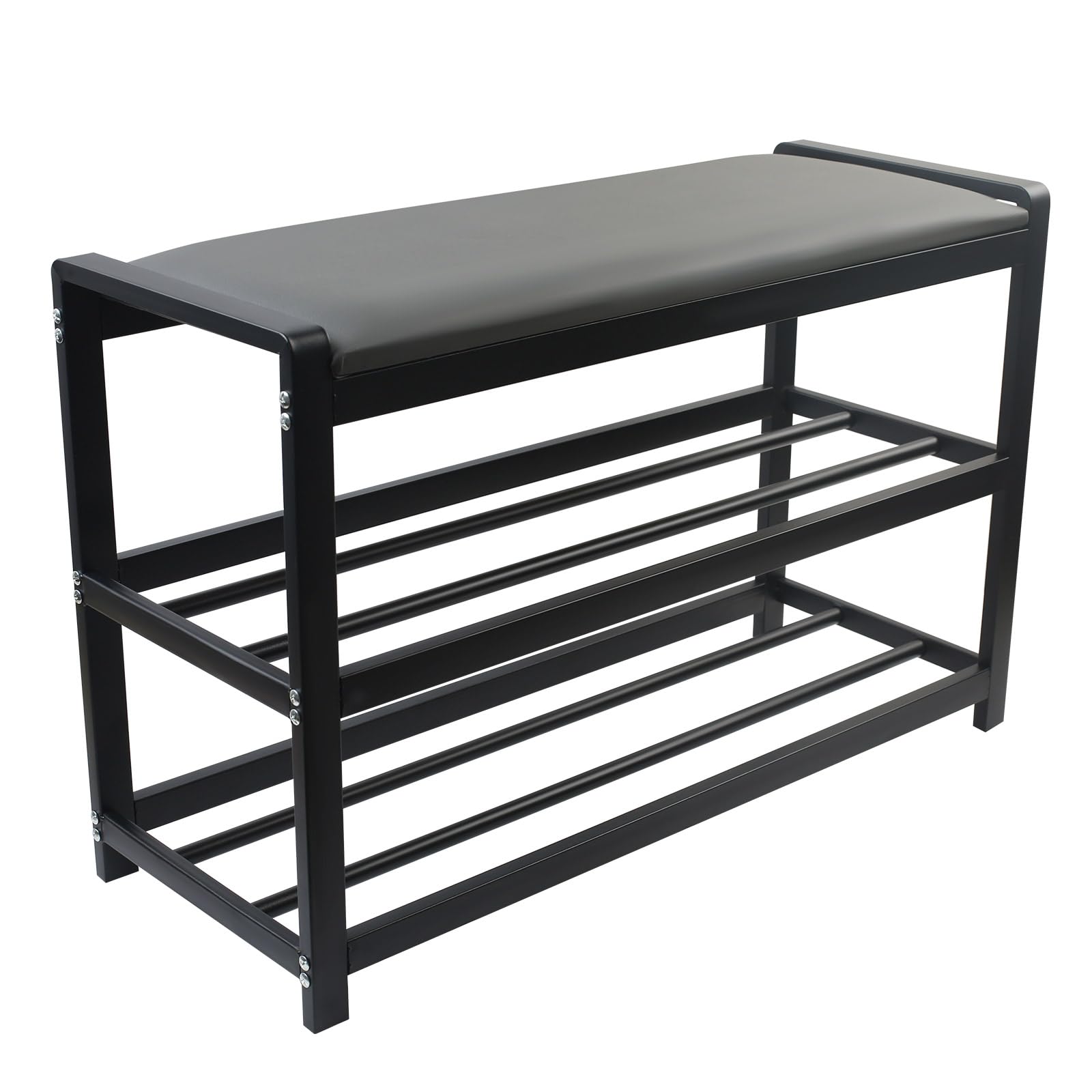 Schuhbank mit Sitzfläche, Metall Schuhregal mit 3 Ebenen, bis 150 kg belastbar, 65 x 25 x 41,5 cm, Schwarz Kohlenstoffstahl Sitzbank Schuhschrank Schuhständer für Eingang, Flur, Wohnzimmer