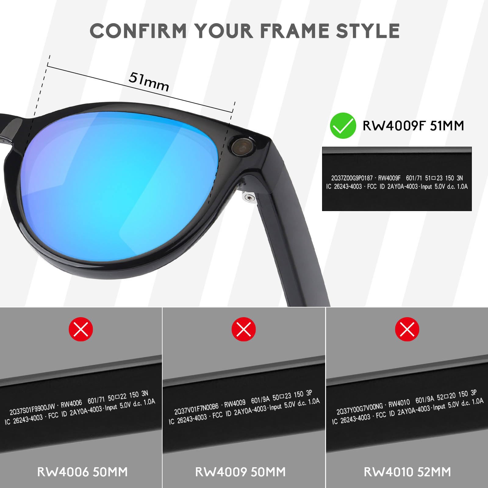 Lentes de repuesto polarizadas para gafas inteligentes Ray-Ban Meta Headliner RW4009F de 51 mm