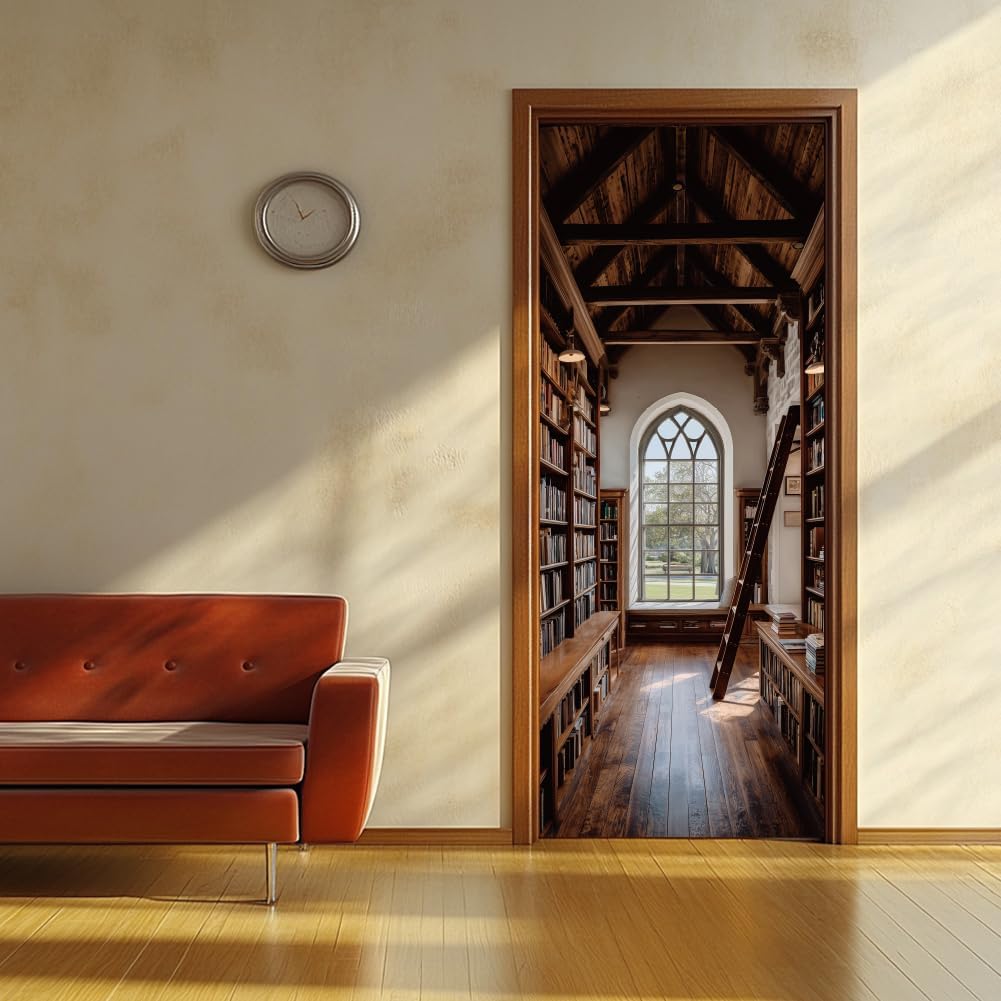 arricraft 2 Sheets Self-Adhesive Door Sticker, 80cmx200cm/31.5x78.7inch Retro Study Room Ladder Door Murals Stickers PVC Removable Wallpaper Decoration for Home Bedrooms ​Living Room