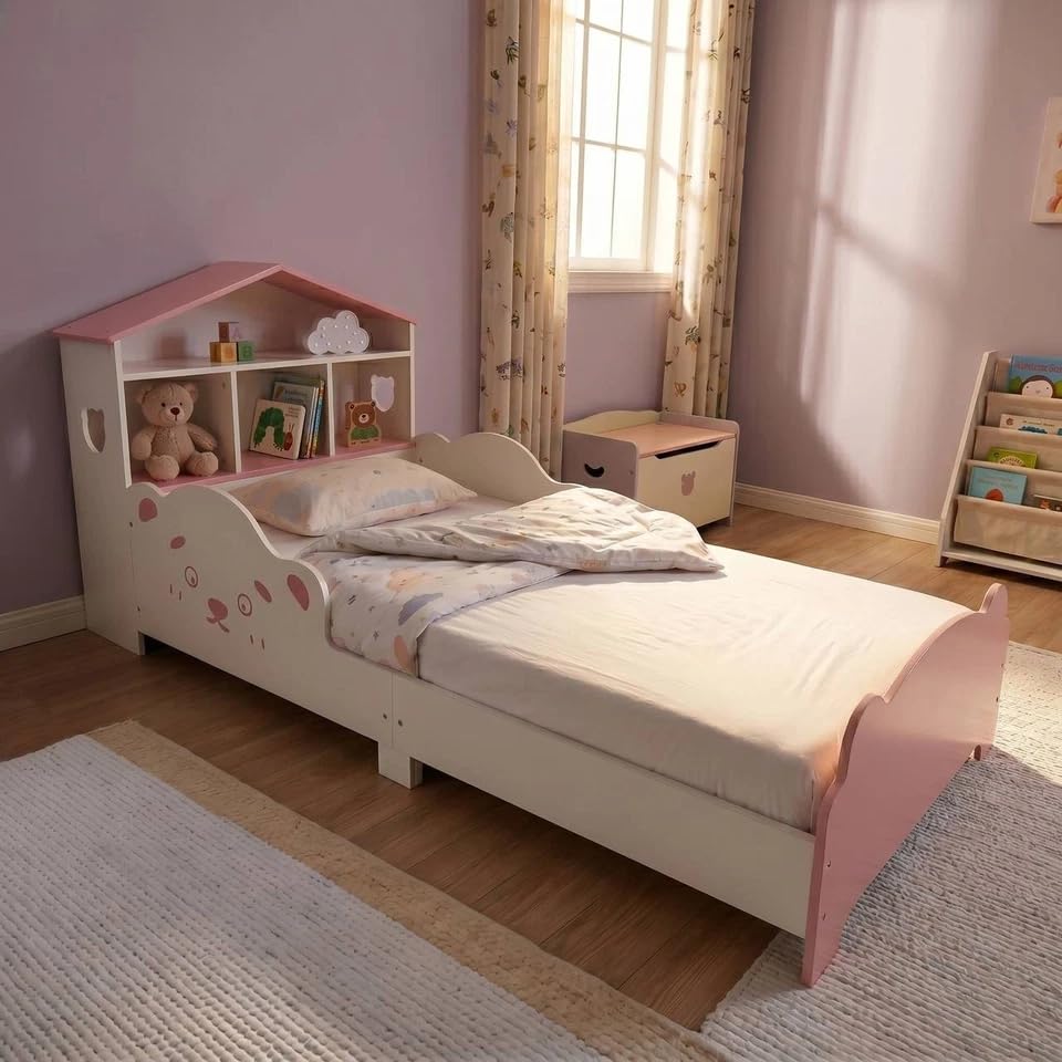 URBNLIVING Wooden Toddler Bed with Integrated Bookshelf Storage – Junior Kids Bed Frame with Built-in Bookcase for Bedroom Organisation (PINK) — view 4