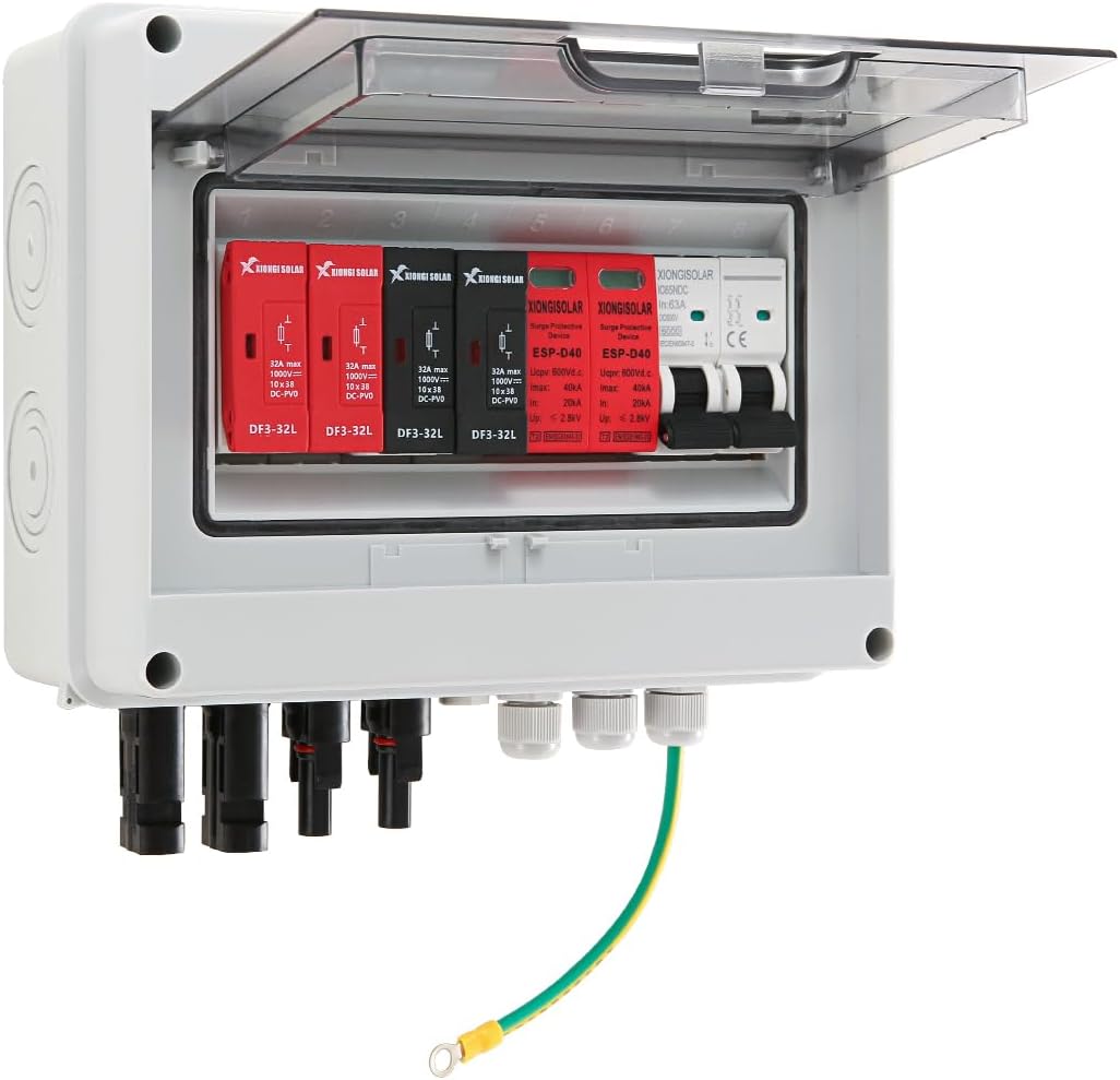 VOU 600V Solar DC PV Combiner Box,2 String with Lightning Arrester Connector for On/Off Grid Solar Panel System,2 Input 1 Out 15A Rated Current Fuse,63A Circuit Breaker,IP65 Waterproof,MCB,SPD