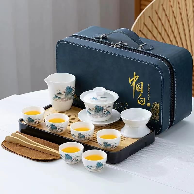 ICHAGChinese Gongfu Tea Set for Adults, Asian Gaiwan Tea Sets with Teapet & Yangzhi Jade (羊脂玉茶具), 13-Piece Blue Leather Case Teaset for Home, Office, Gifts (Jinxiu Shanhe)