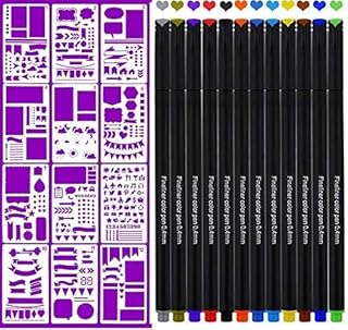 Colouring Pens & Journal Planner Stencils Set, Fineliner Art Pens Sets for Adults & Children, 12Pcs DIY Drawing Template & 12 Color Drawing Pens