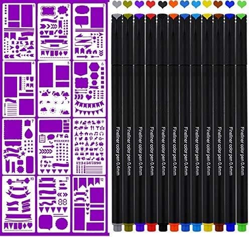 Colouring Pens & Journal Planner Stencils Set, Fineliner Art Pens Sets for Adults & Children, 12Pcs DIY Drawing Template & 12 Color Drawing Pens