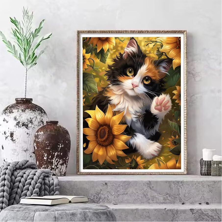 Peinture Diamant Chat et Tournesol : Idéal Décoration Maison 50x70cm