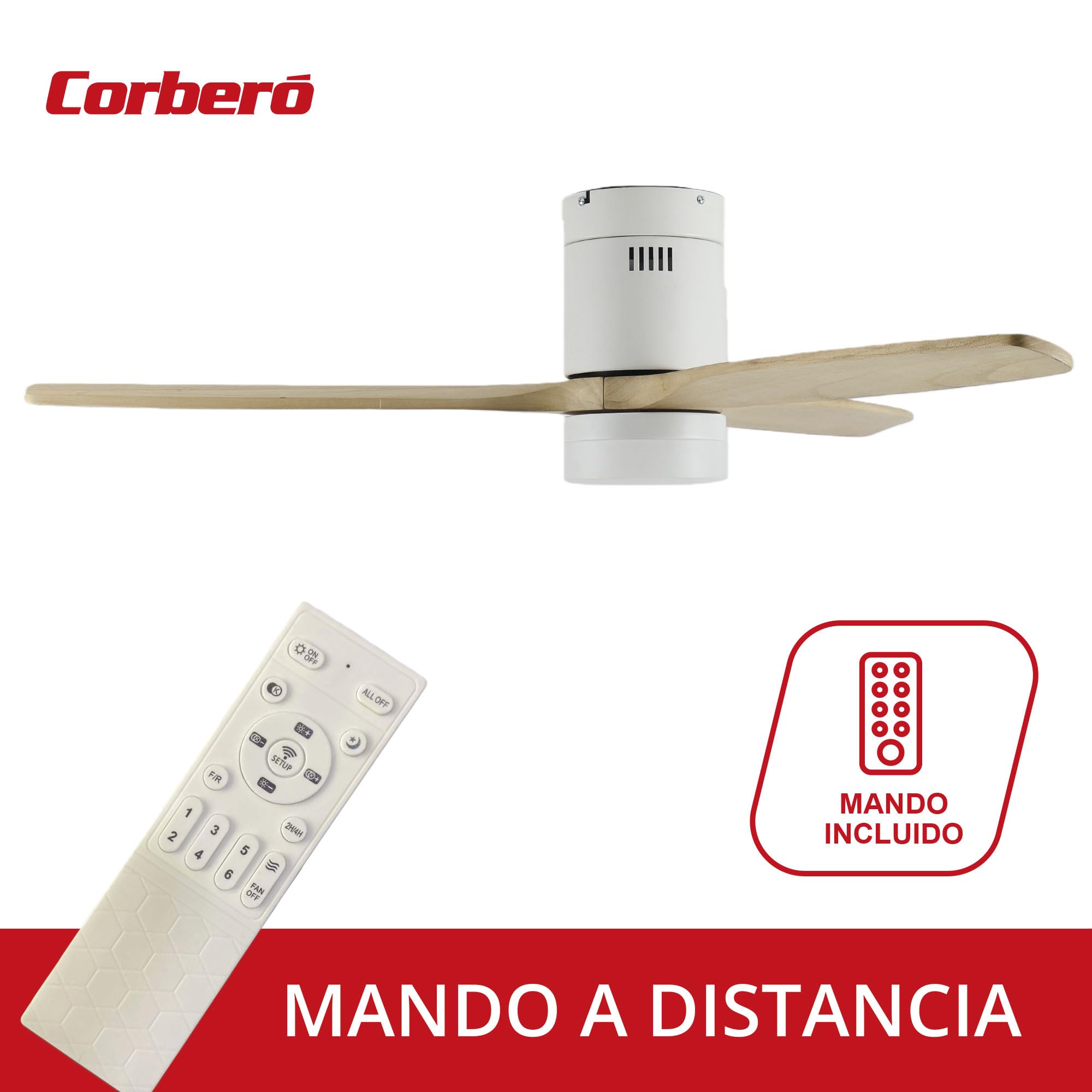 Corberó - Ventilador de Techo con Luz LED 132 cm | CVTGHC4 |Silencioso | 6 Velocidades | Diseño Nórdico | Temporizador|Mando a Distancia | Modo Verano - Inverno |Aspas de Madera Clara