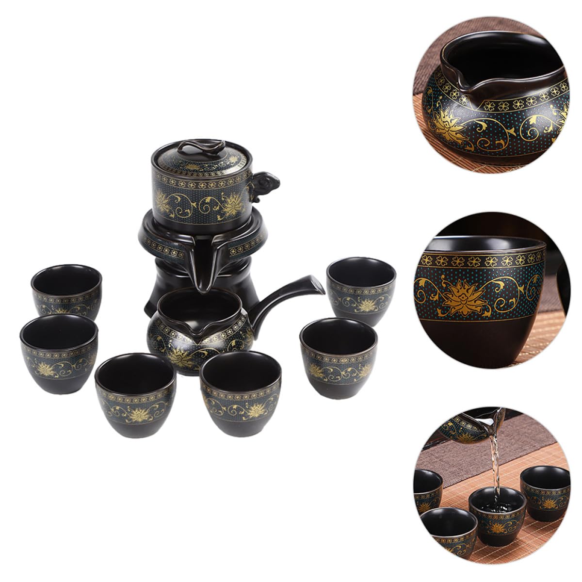 Ciieeo Chinesisches Keramik Teekannen Satz Vintage Kung Fu Teeservice mit 360° Drehbarer Teekanne und Klassischem Muster für Zuhause Büro