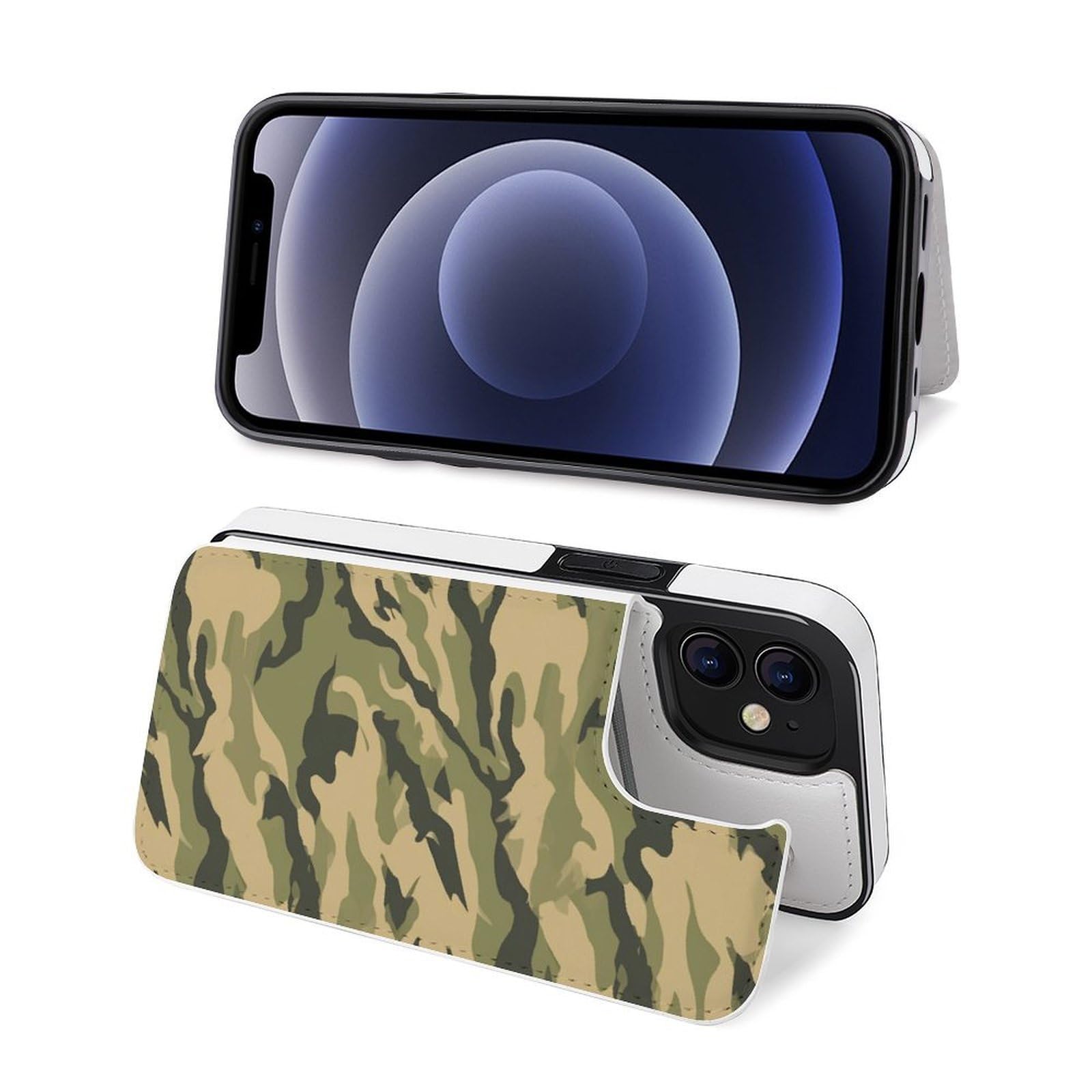 Funda tipo cartera para iPhone 12 Mini, diseño de rayas de tigre con estampado de camuflaje, funda de piel con ranuras para tarjetas