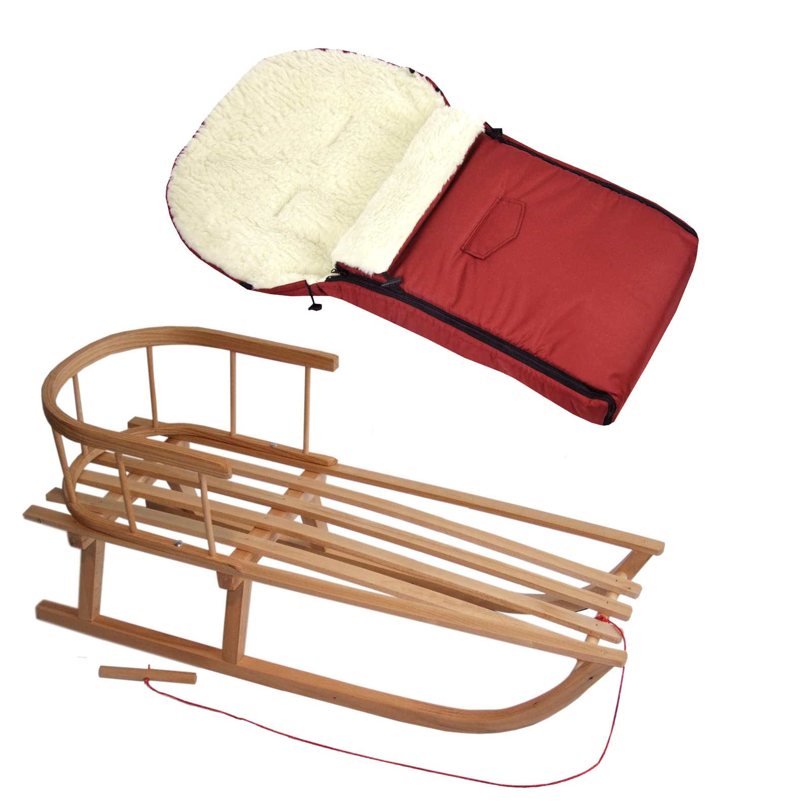 Combi Offre luge en bois avec dossier et corde de traction + chancelière d'hiver universelle (90 cm), convient également pour nacelle, poussette, poussette, laine d'agneau unie (bordeaux + traîneau)