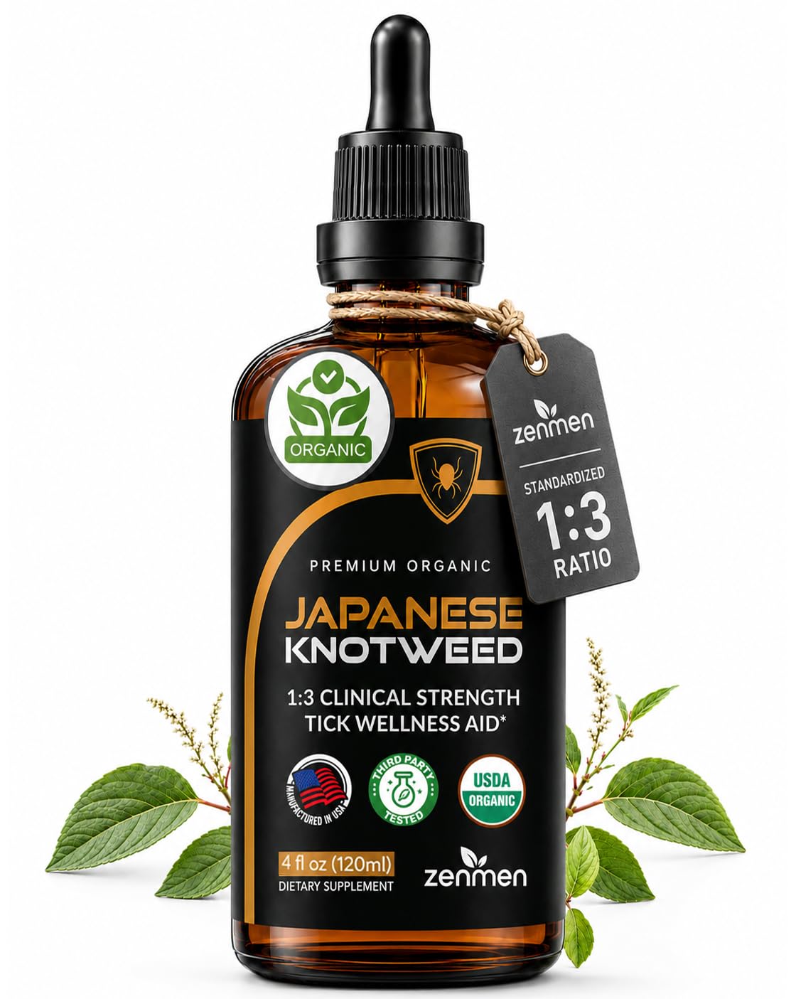 Zenmen Japanese Knotweed Premium Resveratrol USDA Organic 3rd Party Tested Tincture 120ml/4oz - 1:3 Clinical Strength Ratio - Tick Wellness Aid and Immune Support Supplement - Made in The USA 4 Fl Oz (Pack of 1)