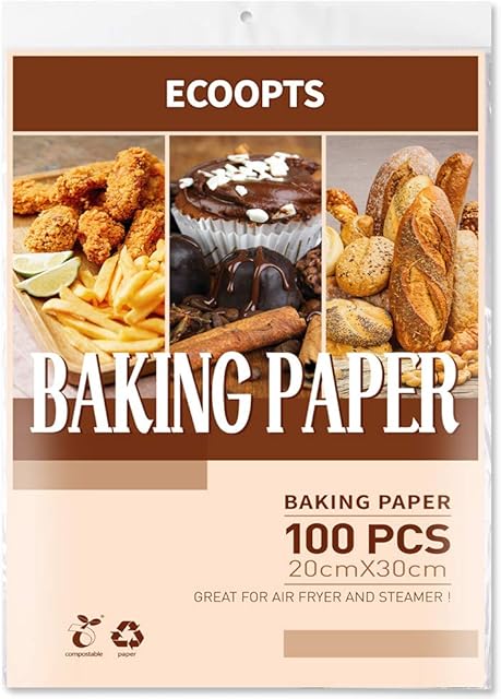 100 PCS Baking Parchment Paper by ECOOPTS | 20×30 cm Non Stick Precut Baking Paper | High Temperature Resistant | Oven&Microwave Safe