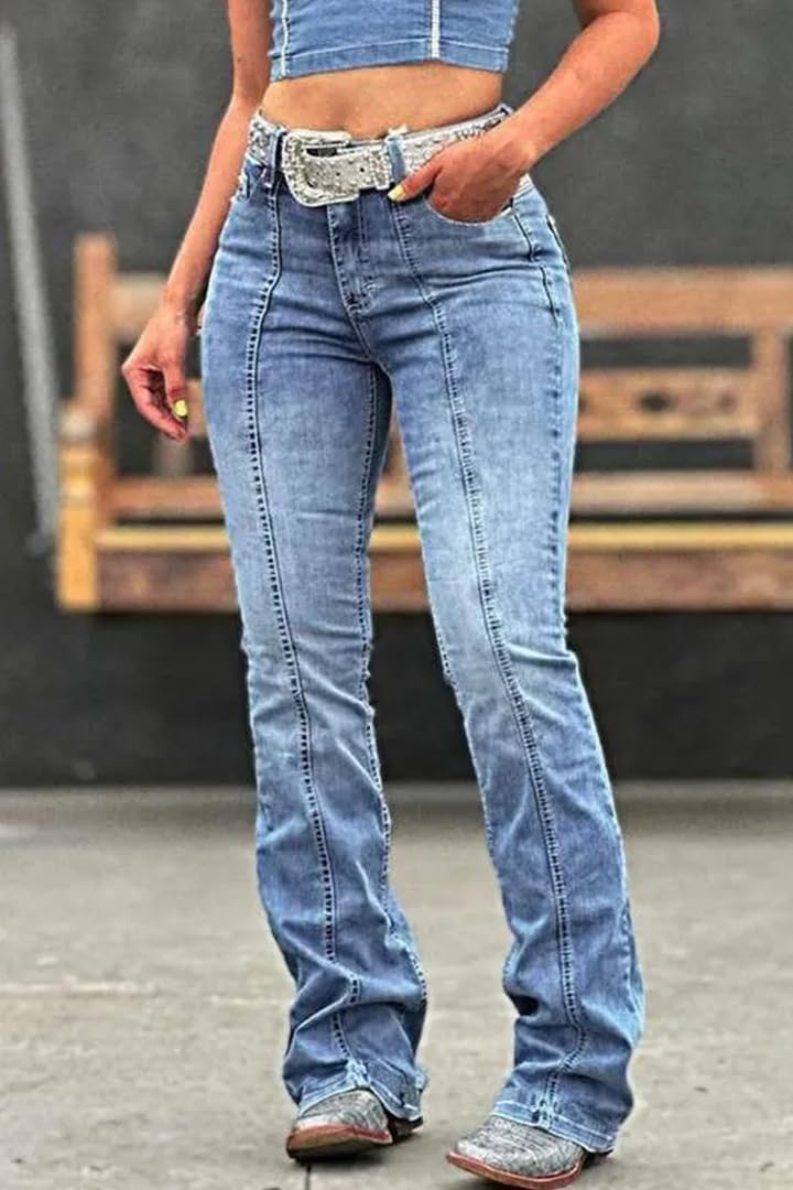 Women's Star Print Slim Fit Spliced Leg Stretch Flare Jeans (Belt Not Included) - Image 2