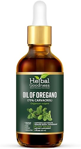 Herbal Goodness Aceite de Gotas de Orégano 2 Fl. oz - 75% Carvacrol con aceite de oliva virgen, aceite de orégano para apoyo inmunológico y salud