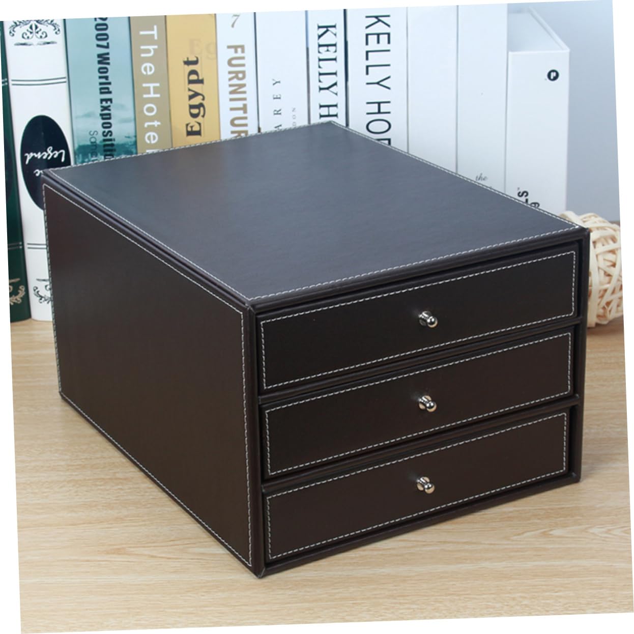 Caja de Archivos de Escritorio de Cuero Negro de Tres Capas | 1 Pieza, Madera y Pu, Fácil de Tomar, para Documentos y Objetos Pequeños, Dormitorio o Sala