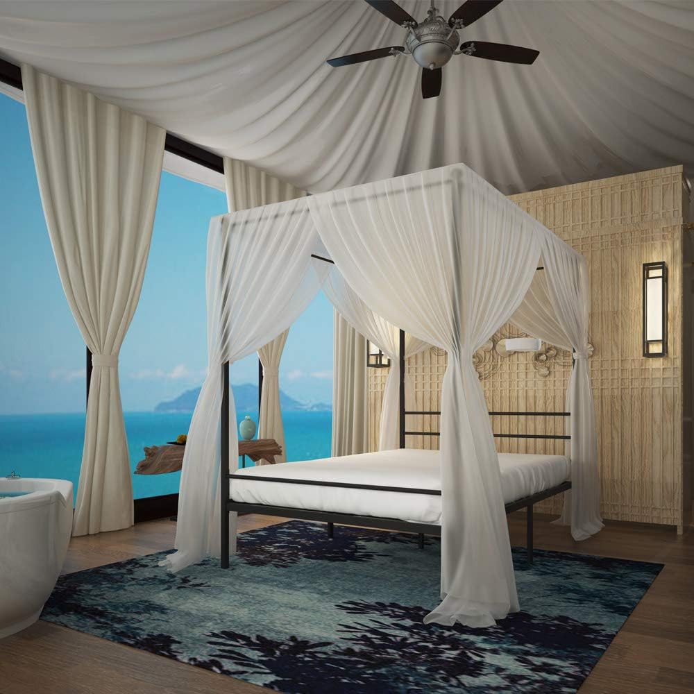 JOM Canopy Bed Frame Queen Size Black Metal 4 Poster Mattress Foundation Modern Post Corner with Headboard for Girls Adults