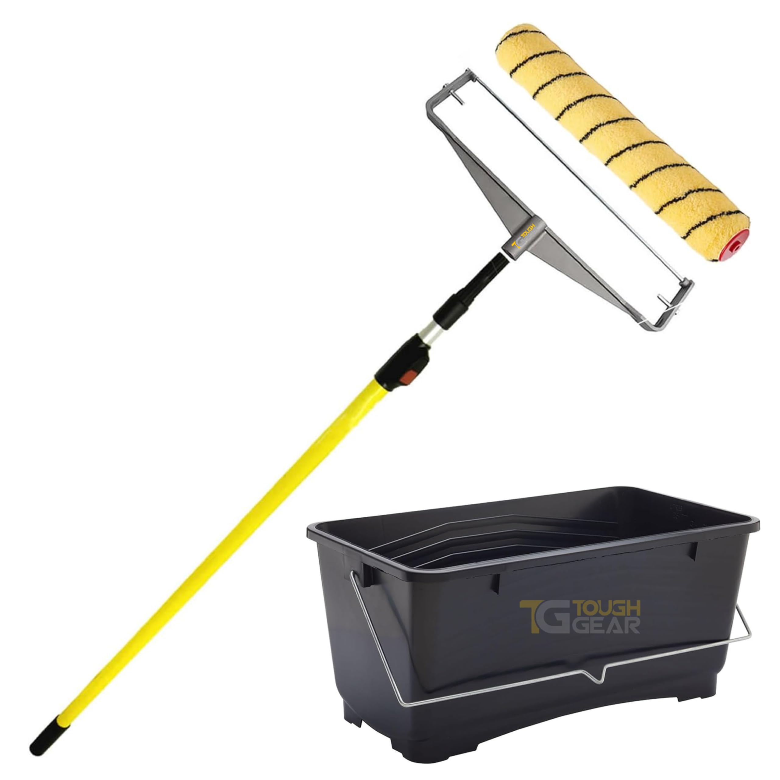 Rodillo acrílico de pelo mediano de 15 pulgadas + marco de doble brazo + poste de extensión/cubo de pintura para pintores DIY para mejorar el hogar