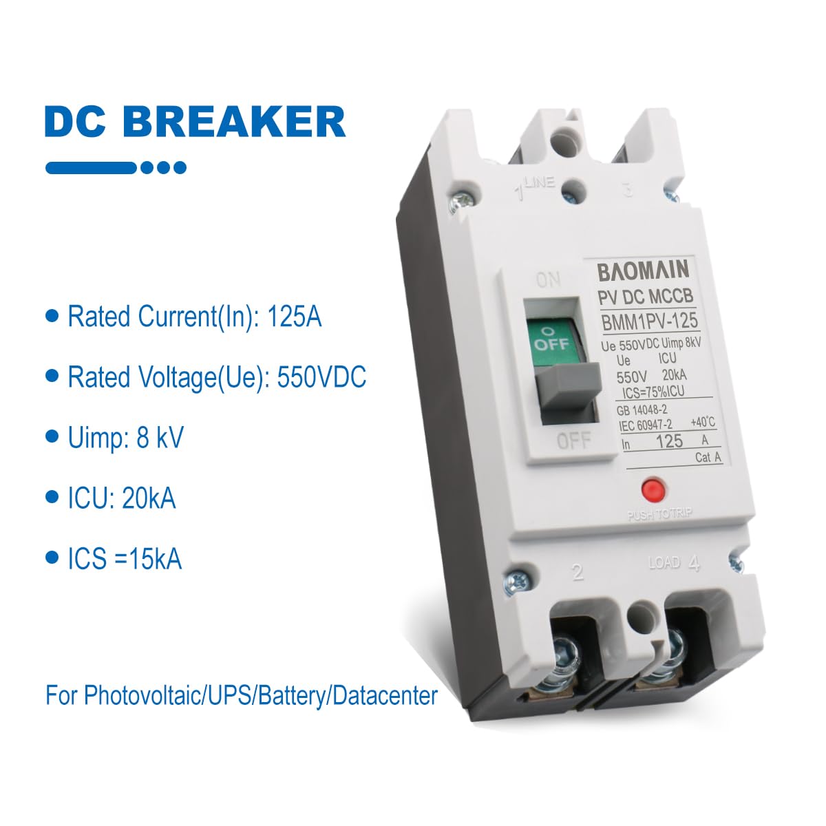 Baomain 125A DC Circuit Breaker 2 Pole 550V, Moulded Case Battery Disconnect Switch for Off-Grid Solar System, Marine Boat Trolling Motor, RV ATV Trailer BMM1PV-125 (125 Amp)