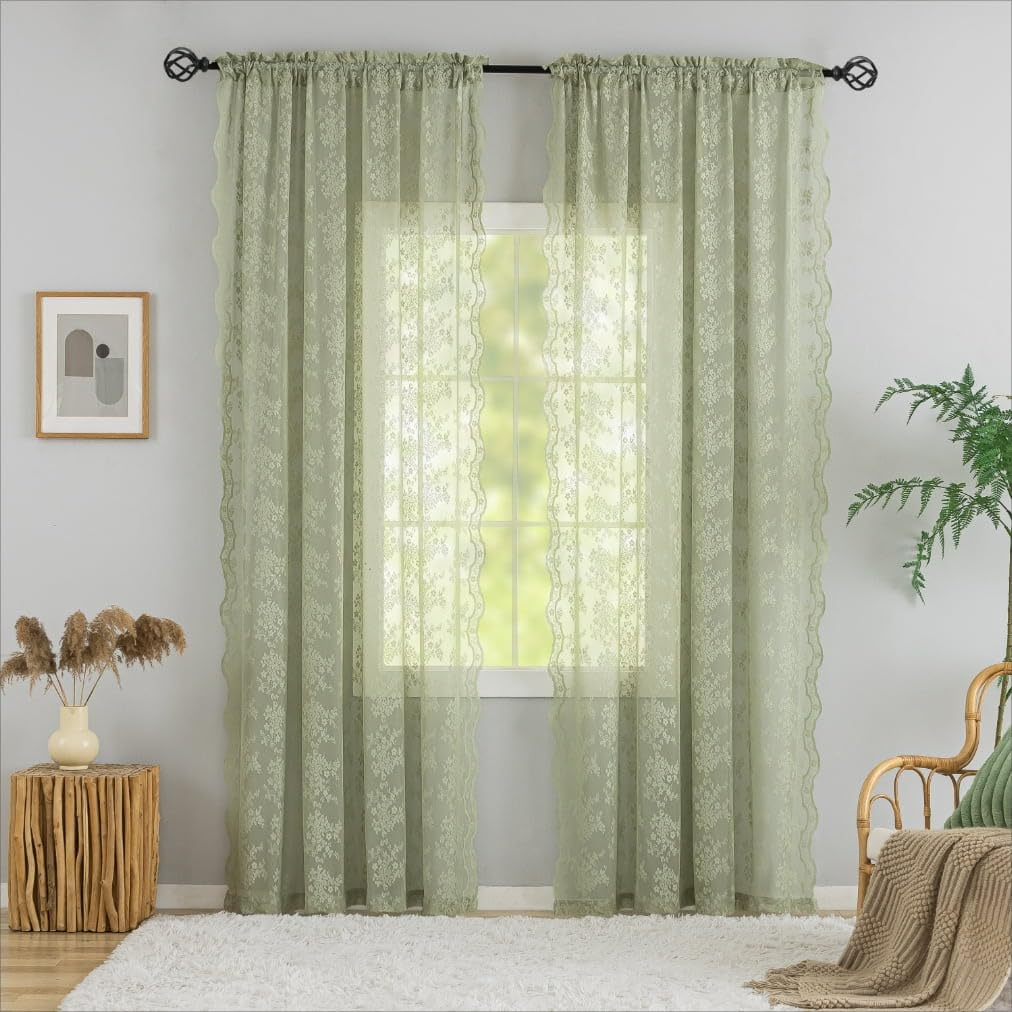 YJ YANJUN Lace Green Sheer Curtains 96 Inches Long for Living Room Old Time Scalloped Closet Curtains Rod Pocket Boho Privacy Filtering Floral Drapes Floor Length 1 Pair 52Wx96L Grey Green