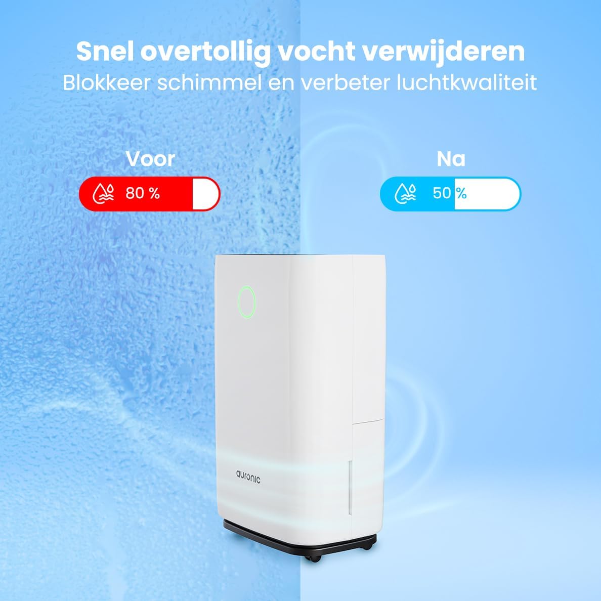 Before and after image showing humidity reduction from 80% to 50% with the dehumidifier