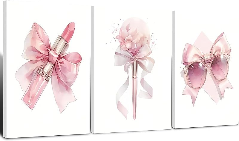 3-Piece Framed Pink Bow Feminine Fashion Canvas Set