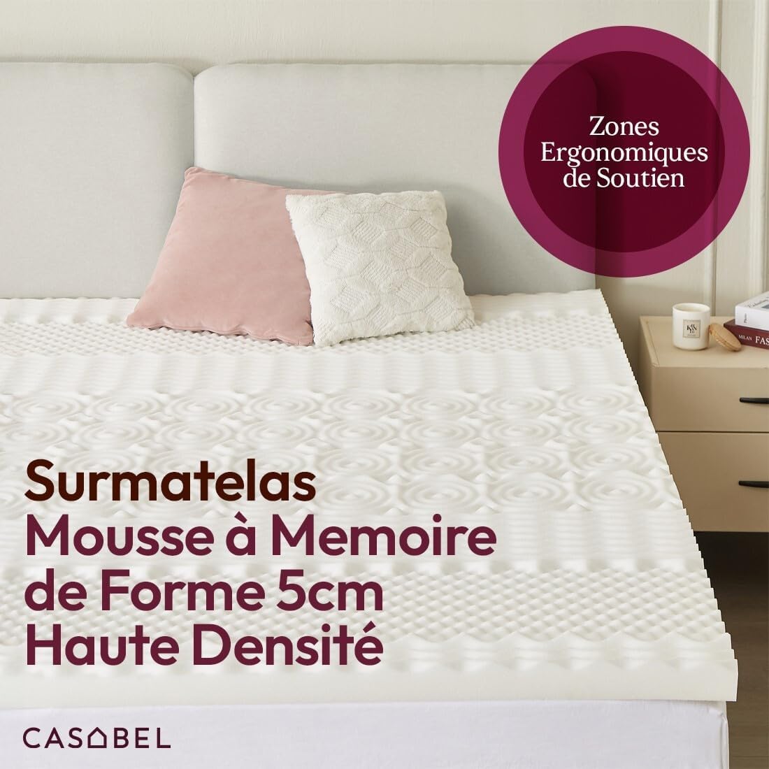 CASABEL Surmatelas 140 x 190 cm Mousse à Memoire de Forme 5 cm Haute Densité, SurMatelas Double, Zones Ergonomiques de Soutien, pour Matelas, Clic Clac, BZ