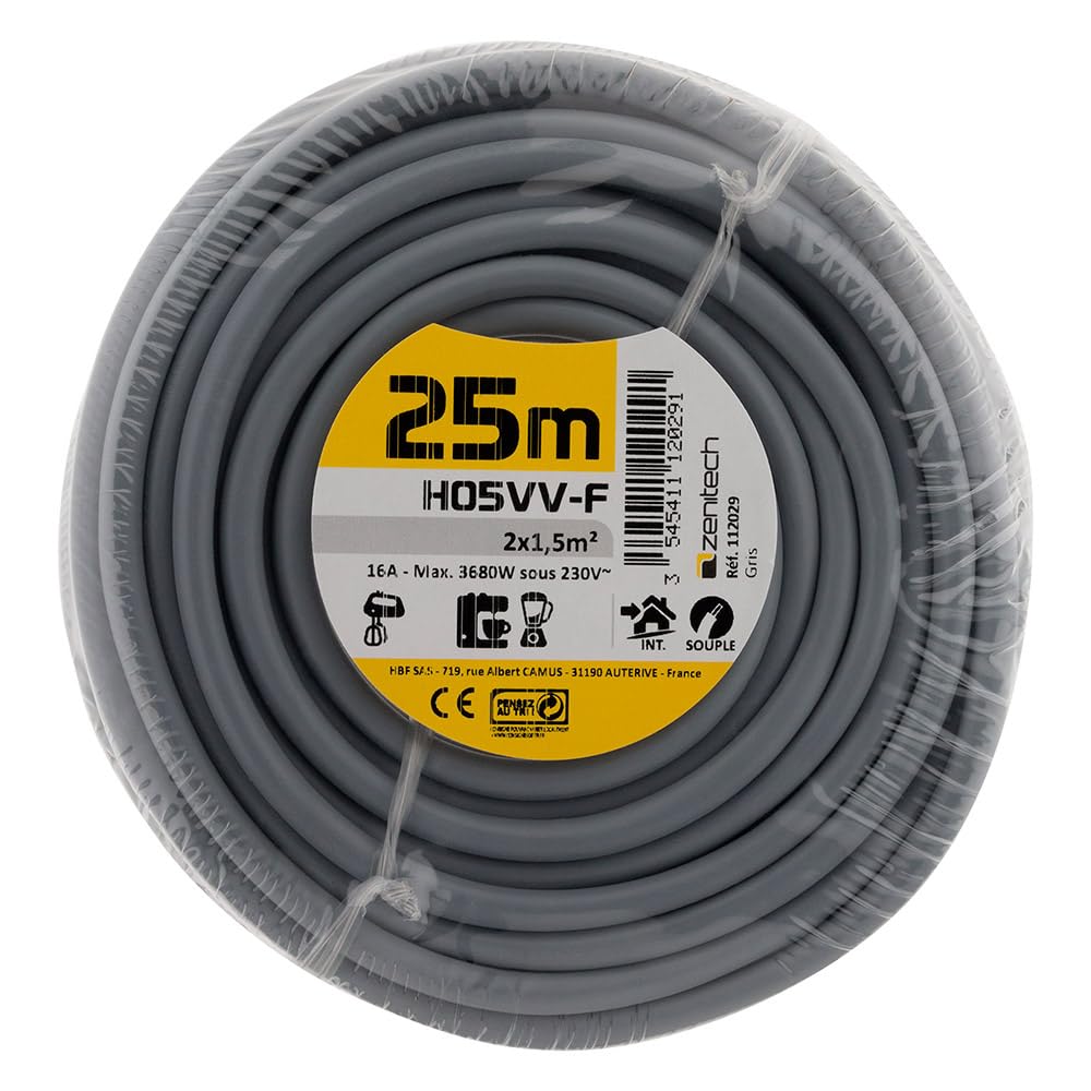 Zenitech Stromkabel H05VV-F 3G1.5 Mm², 25 M, Grau – Abrieb- & Feuchtigkeitsbeständig, Für Haushaltsgeräte