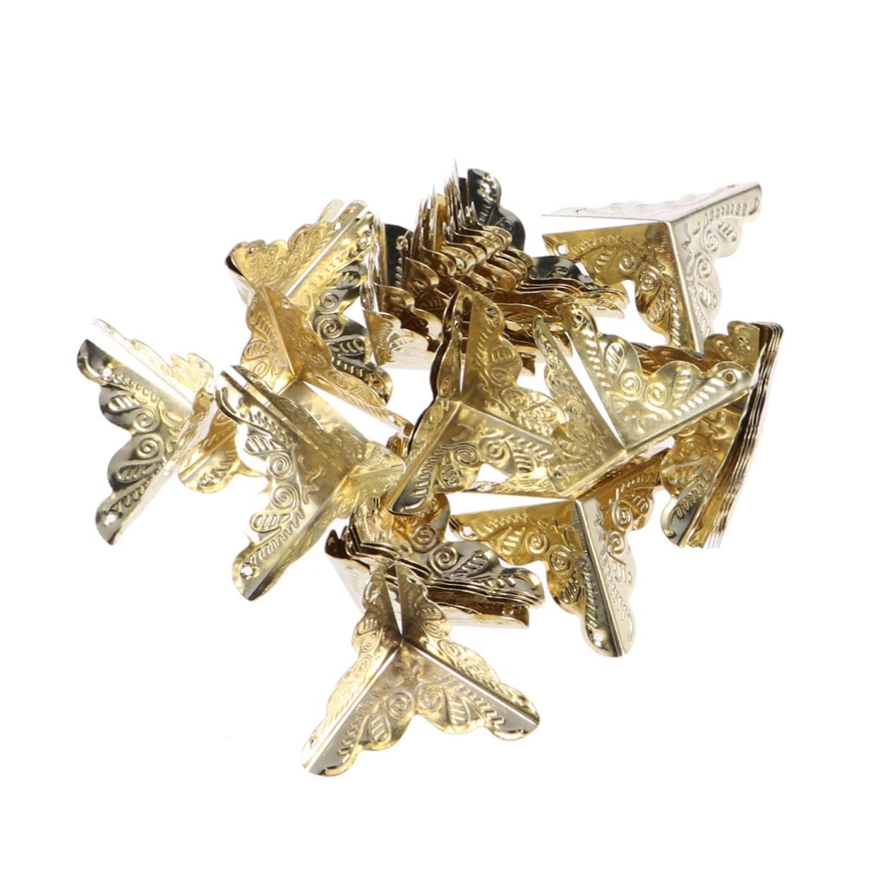 BUTIFULSIC 30pcs Rattan Carved Metal Corner Protector for Wooden Box Triangle Edge Banding with Nails Vintage Style Safety Guard for Jewelry Cases and Closet Doors Yellow