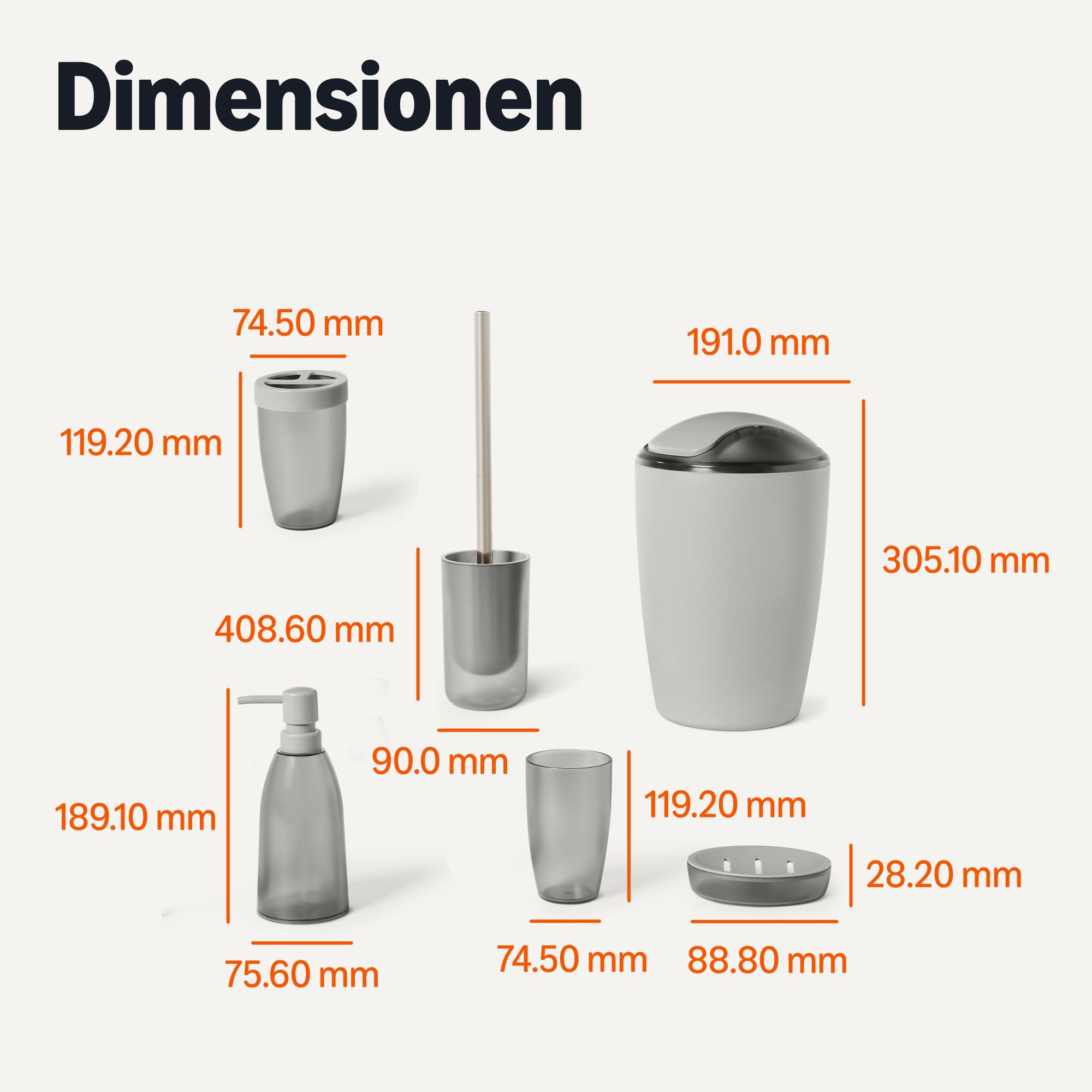 Amazon Basics Badezimmerzubehör-Set mit Zahnbürstenhalter, Seifenspender, Seifenschale, Becher, Mülleimer, Toilettenbürste & Halter, Grau