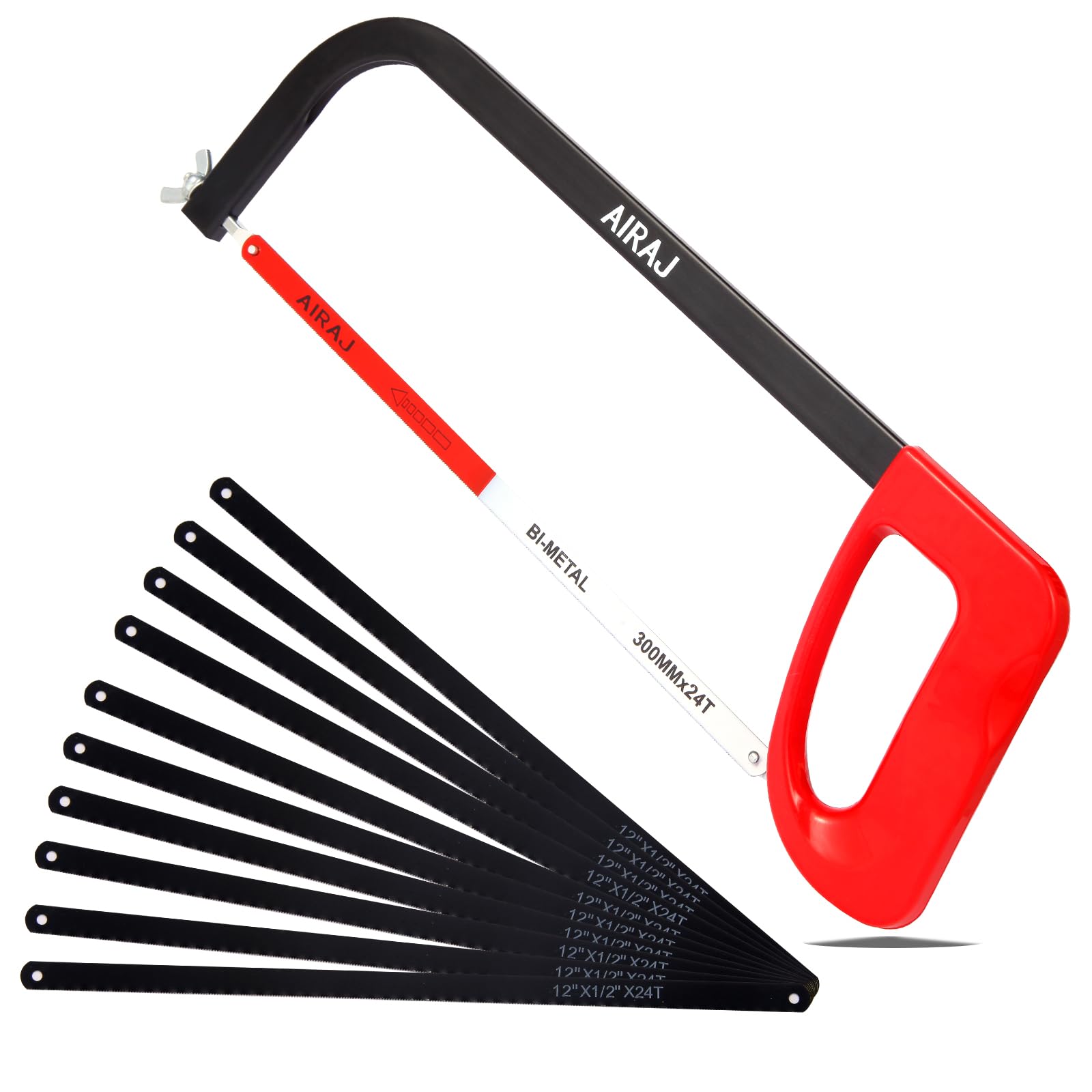 AIRAJ 12 In High-Tension Hacksaw with 24 TPI Bi-metal Blade and 10 Spare Hacksaw Blade,Hand Saw Suitable for Metal, Wood, PVC Hacksaw with10 Spare Blades