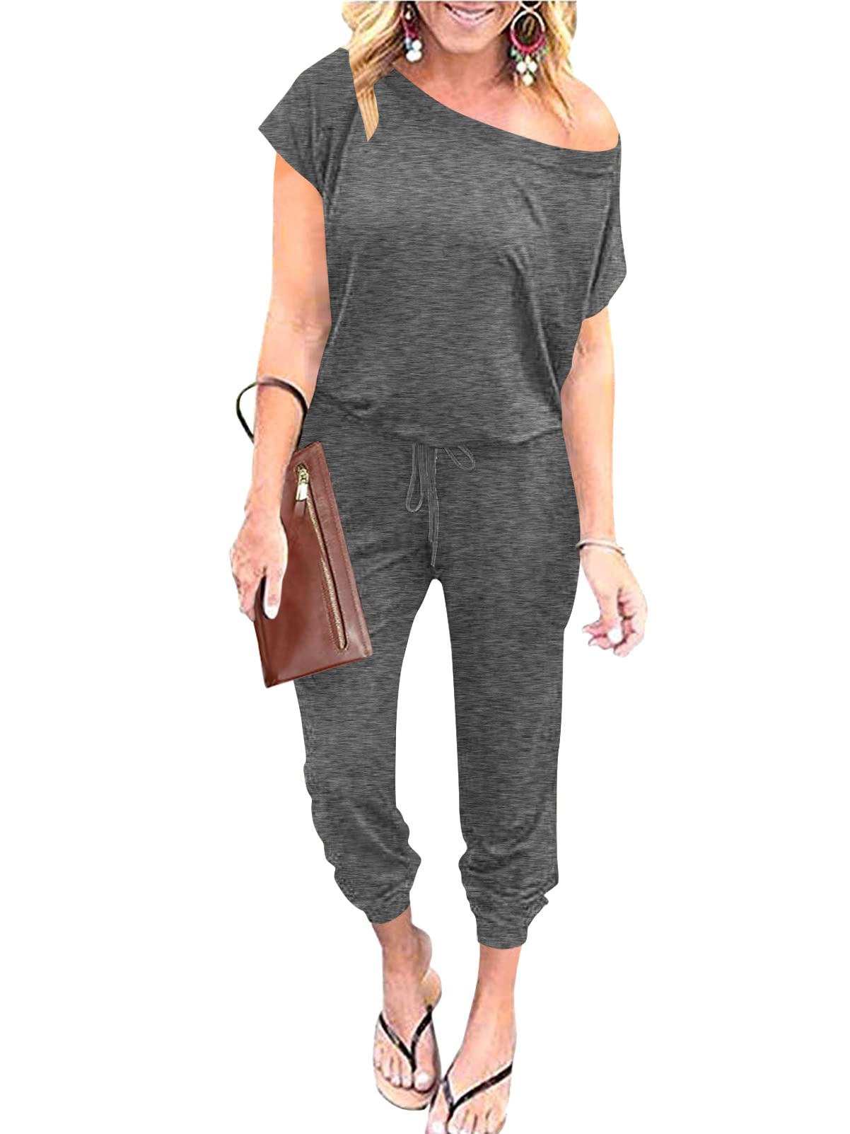 ANRABESS Women's Loose Summer Casual Off Shoulder Elastic Waist Stretchy Long Romper Jumpsuit