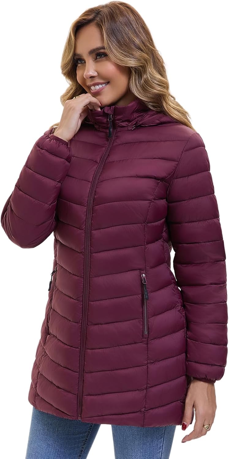ZMC Women's Packable Winter Puffer Jacket, Lightweight Hooded Puffer Coat, Quilted Mid-Length Coat with Detachable Hood - Image 2