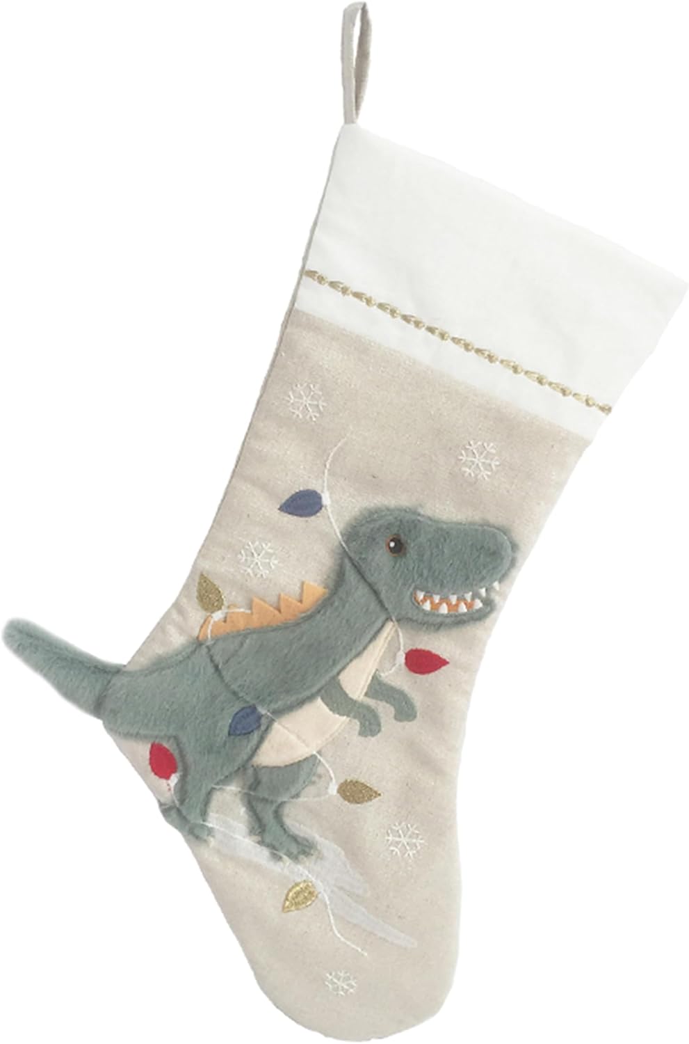 MON AMI Festive Dino Linen Christmas Stocking | 21-Inch Holiday Stocking for All Ages | Premium Linen Christmas Décor for Fireplace, Tree & Mantel | Perfect for Monogramming & Festive Gifting