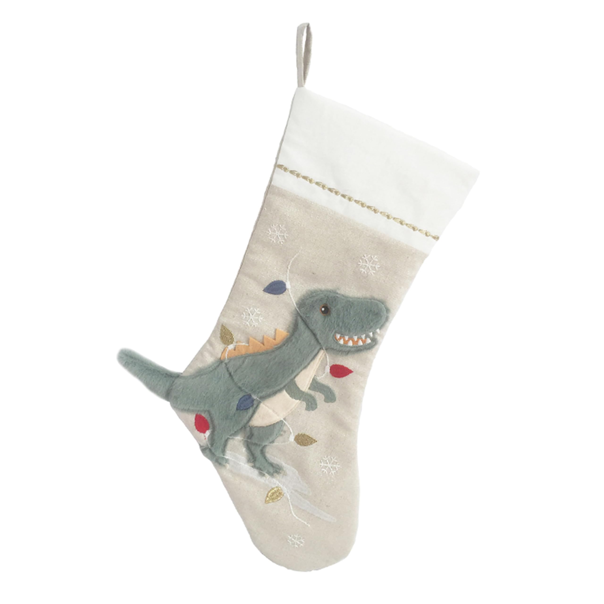 Mon Ami Boys Beige Festive Dino Linen Christmas Stocking, 21 Inch Holiday Stocking For Christmas Décor And Monogramming