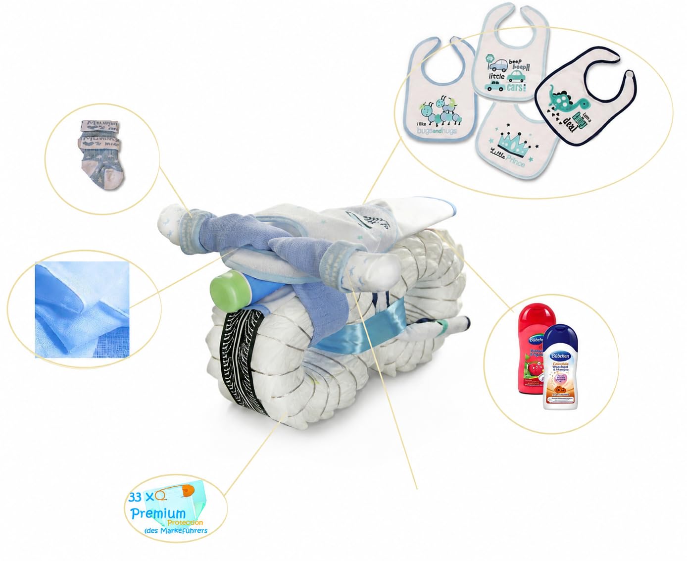 Windeltorte Windelmotorrad Jungen Rockstar blau / 45-teilig /40 cm | Geschenk zur Geburt Babyparty & Baby Shower